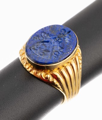 Image Signet ring with lapis lazuli , Idar- Oberstein approx. 1900s, silver gilt, lapis lazuli ...