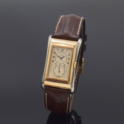 Image 26786492 - ROLEX 9k white/yellow gold gents wristwatch Prince Brancard chronometer reference 971U, Switzerland around 1939, manual winding, rectangular case, snap on case back, silvered dial restored, Arabic numerals, blued steel hands, leather strap with original 18k pink gold buckle, lever movement, 15 jewels, adjusted in 6 positions, measures approx. 43 x 23 mm, overhaul recommended at buyer's expense, condition 2-3, property of a collector
