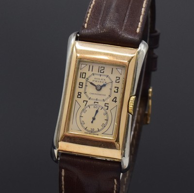 26786492a - ROLEX 9k white/yellow gold gents wristwatch Prince Brancard chronometer reference 971U, Switzerland around 1939, manual winding, rectangular case, snap on case back, silvered dial restored, Arabic numerals, blued steel hands, leather strap with original 18k pink gold buckle, lever movement, 15 jewels, adjusted in 6 positions, measures approx. 43 x 23 mm, overhaul recommended at buyer's expense, condition 2-3, property of a collector