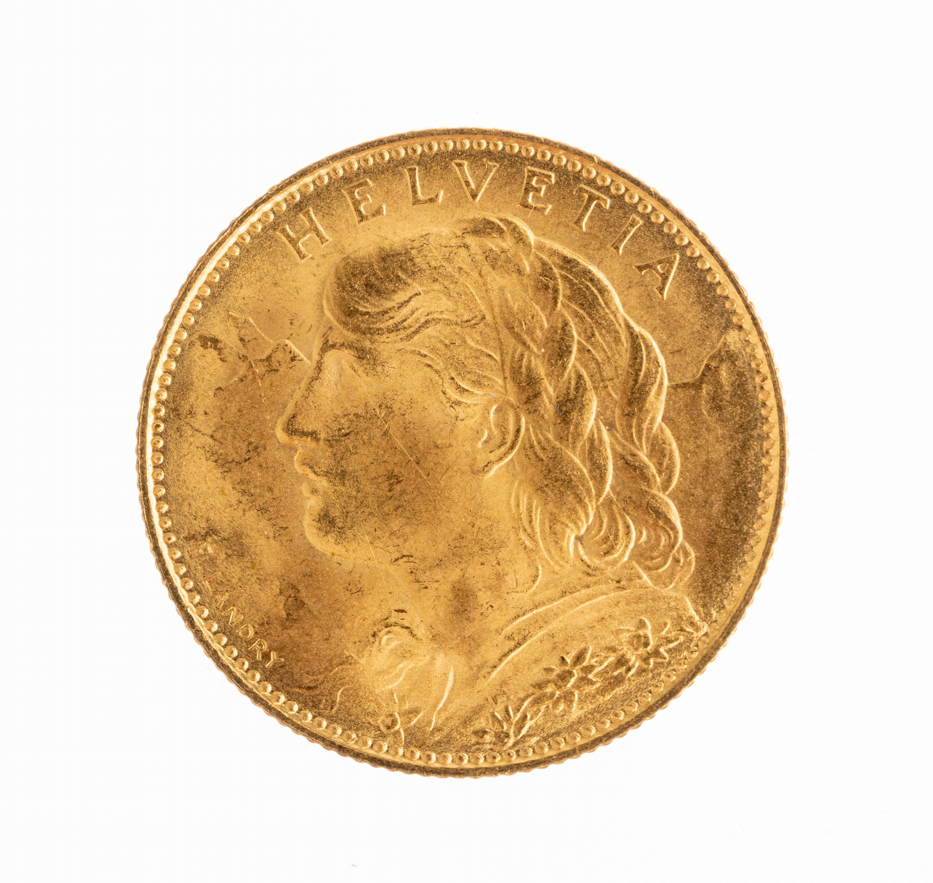 Goldmünze 10 Franken, Schweiz 1922, Helvetia, Prägemarke B