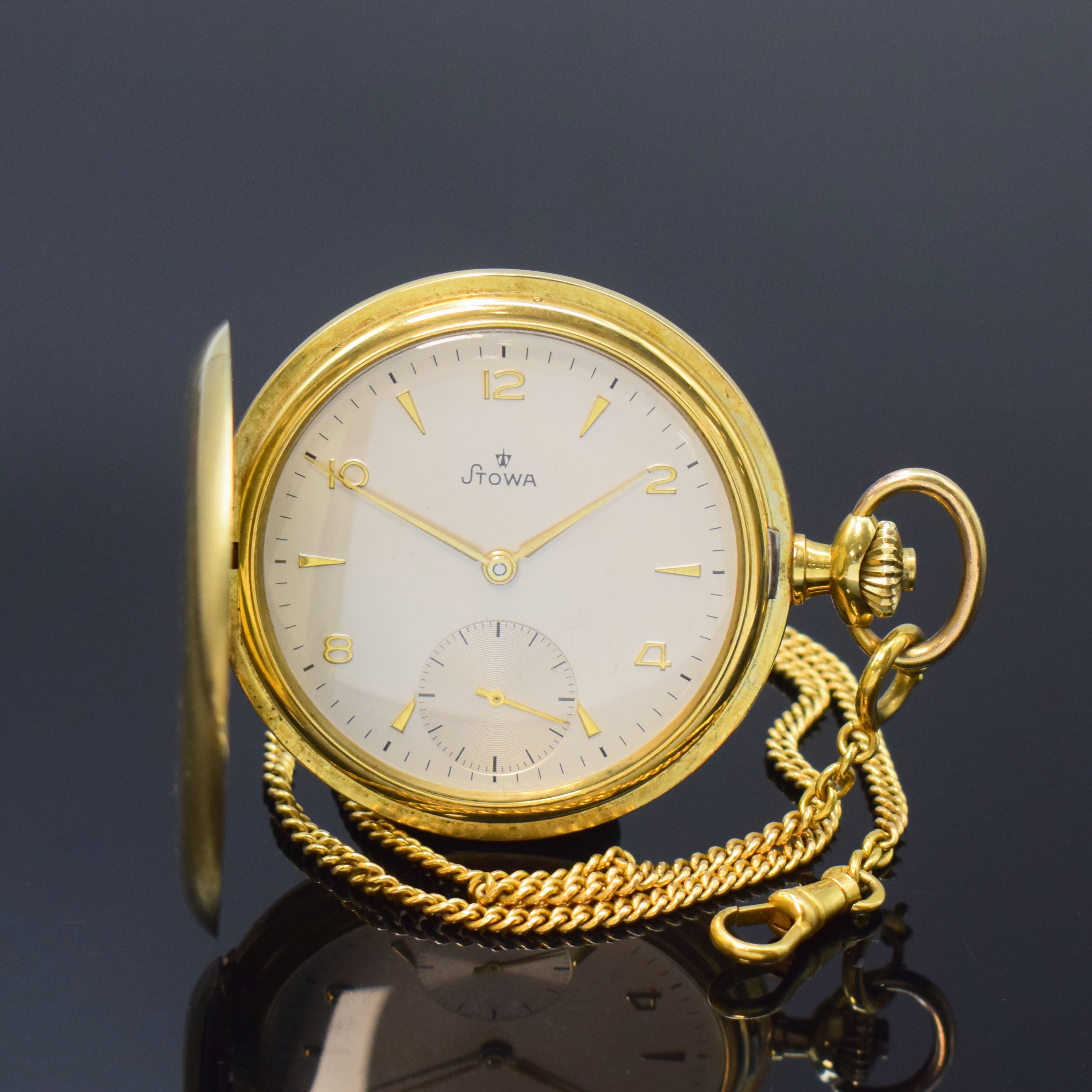 STOWA Herrensavonette in GG 585/000 mit Kette in GG 750/000, Deutschland/Schweiz um 1960, glattes 3-Deckel-Goldgeh., silb. Zifferbl. m. gold. ...