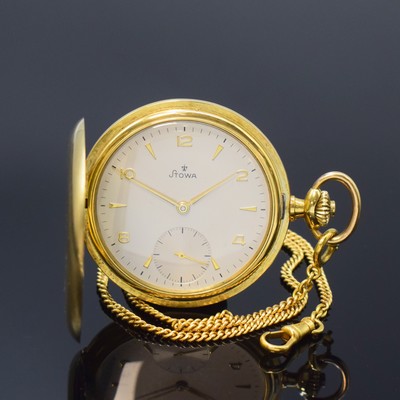 Image 26786697 - STOWA 14k yellow gold hunting cased pocket- watch with 18k yellow gold chain, Germany/Switzerland around 1960, smooth 3- cover-gold case, silvered dial with gilded hour-indices and Arabic numerals, gilded hands, constant second at 6, calibre Unitas 444, 17 jewels, diameter approx. 51 mm, length chain approx. 43,5 cm, total-weight approx. 95g, signs of use due to age otherwise condition 2