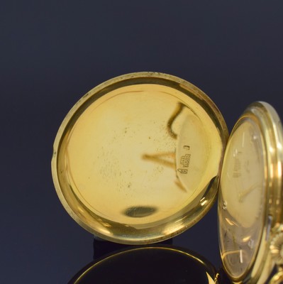 26786697a - STOWA 14k yellow gold hunting cased pocket- watch with 18k yellow gold chain, Germany/Switzerland around 1960, smooth 3- cover-gold case, silvered dial with gilded hour-indices and Arabic numerals, gilded hands, constant second at 6, calibre Unitas 444, 17 jewels, diameter approx. 51 mm, length chain approx. 43,5 cm, total-weight approx. 95g, signs of use due to age otherwise condition 2