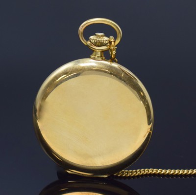26786697b - STOWA 14k yellow gold hunting cased pocket- watch with 18k yellow gold chain, Germany/Switzerland around 1960, smooth 3- cover-gold case, silvered dial with gilded hour-indices and Arabic numerals, gilded hands, constant second at 6, calibre Unitas 444, 17 jewels, diameter approx. 51 mm, length chain approx. 43,5 cm, total-weight approx. 95g, signs of use due to age otherwise condition 2