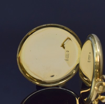 26786697c - STOWA 14k yellow gold hunting cased pocket- watch with 18k yellow gold chain, Germany/Switzerland around 1960, smooth 3- cover-gold case, silvered dial with gilded hour-indices and Arabic numerals, gilded hands, constant second at 6, calibre Unitas 444, 17 jewels, diameter approx. 51 mm, length chain approx. 43,5 cm, total-weight approx. 95g, signs of use due to age otherwise condition 2