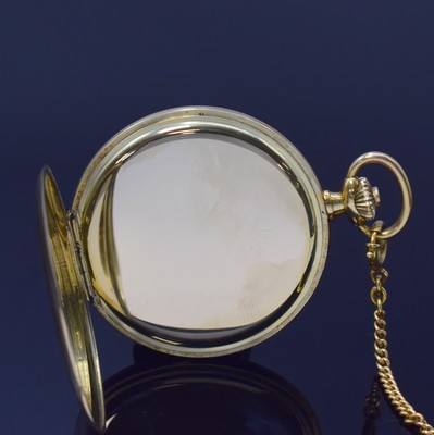 26786697d - STOWA 14k yellow gold hunting cased pocket- watch with 18k yellow gold chain, Germany/Switzerland around 1960, smooth 3- cover-gold case, silvered dial with gilded hour-indices and Arabic numerals, gilded hands, constant second at 6, calibre Unitas 444, 17 jewels, diameter approx. 51 mm, length chain approx. 43,5 cm, total-weight approx. 95g, signs of use due to age otherwise condition 2