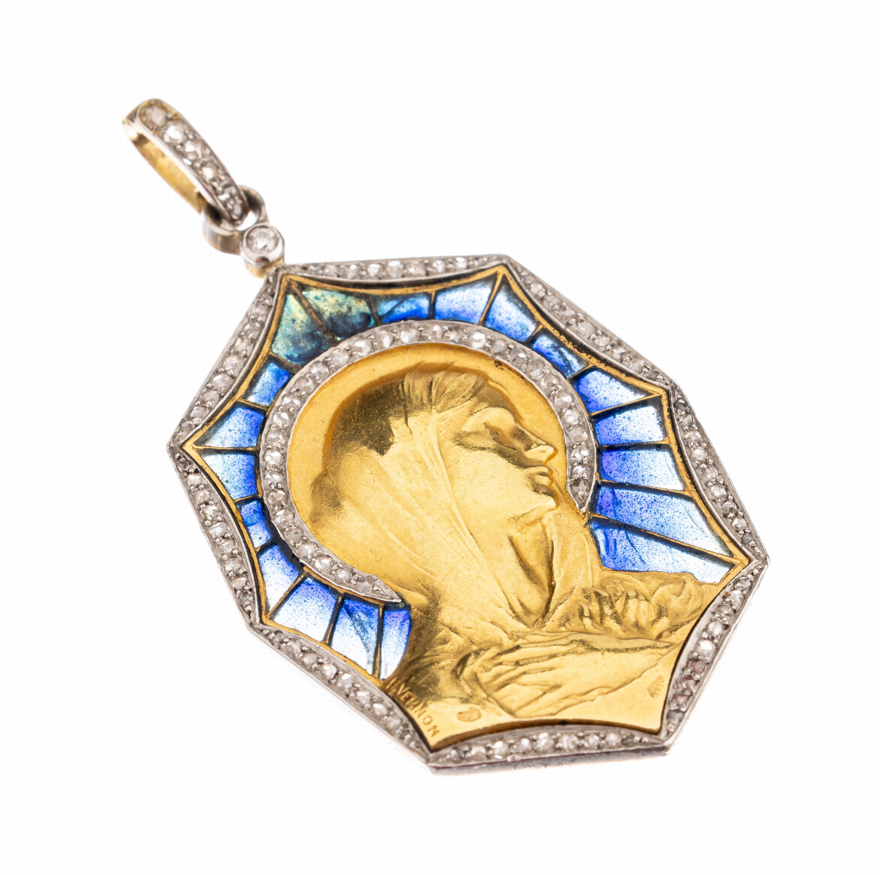 18 kt Gold Madonnen-Anhänger mit Diamanten und Email, Frankreich um 1900, sign. VERNON, bekannter Bildhauer und Medailleur, GG/WG 750/000, blaues ...