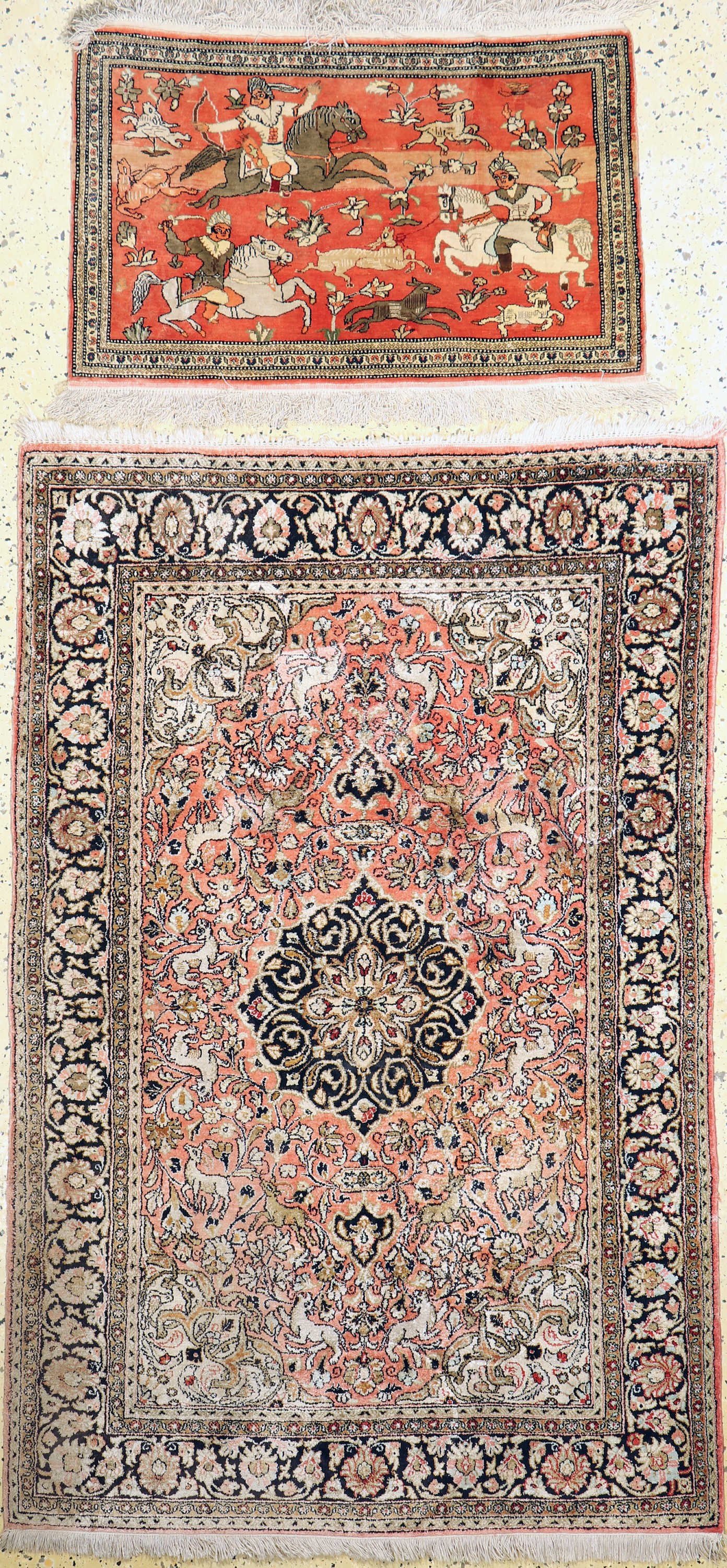 1 paar Ghom Seide, Persien, Mitte 20.Jhd, reine Naturseide, ca. 158 x 104 cm, ca. 83 x 50 cm, EHZ: 2