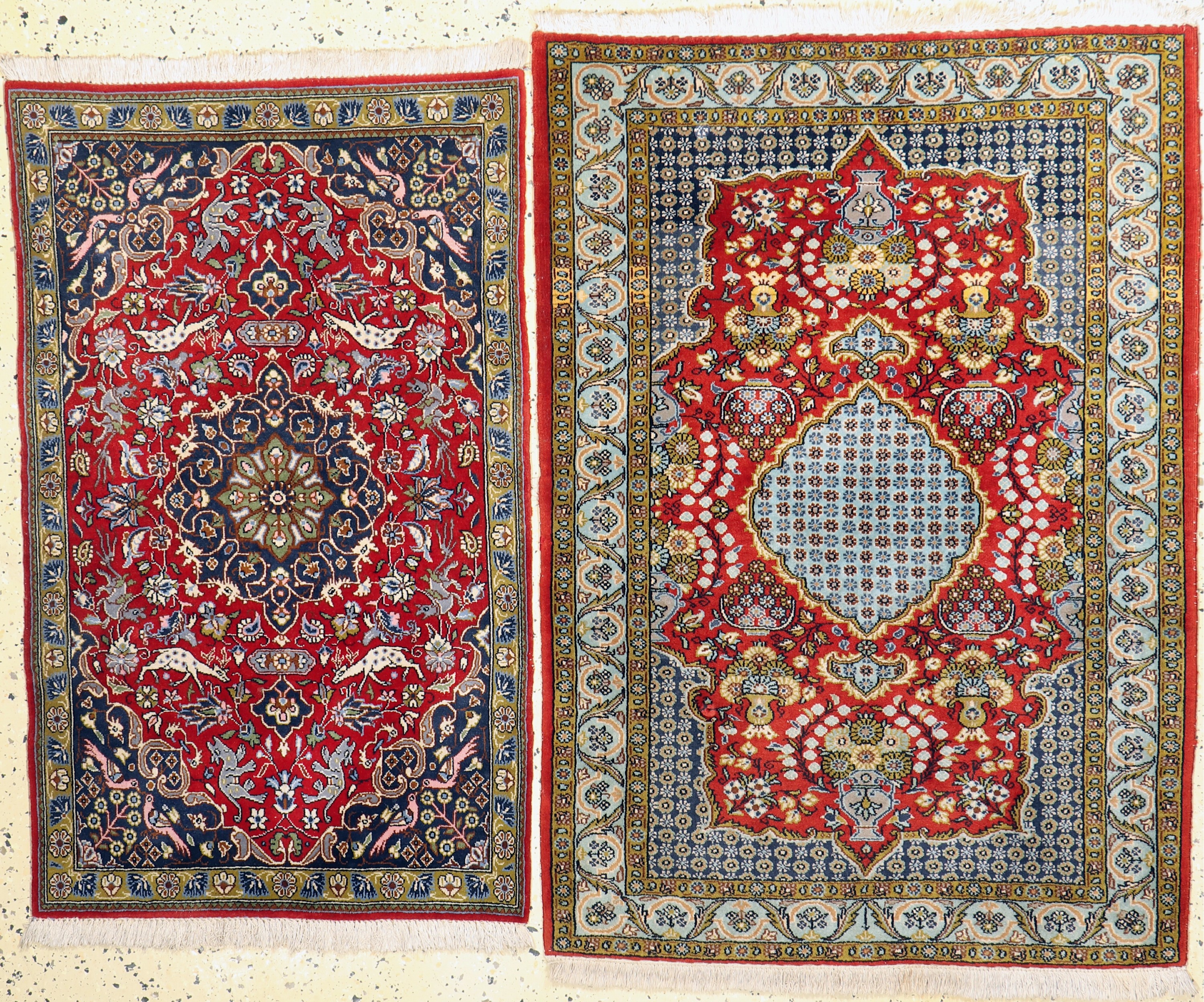1 paar Ghom Kork, Persien, Ende 20.Jhd, Korkwolle auf Baumwolle, ca. 120 x 86 cm & ca. 107 x 63 cm, EHZ: 2