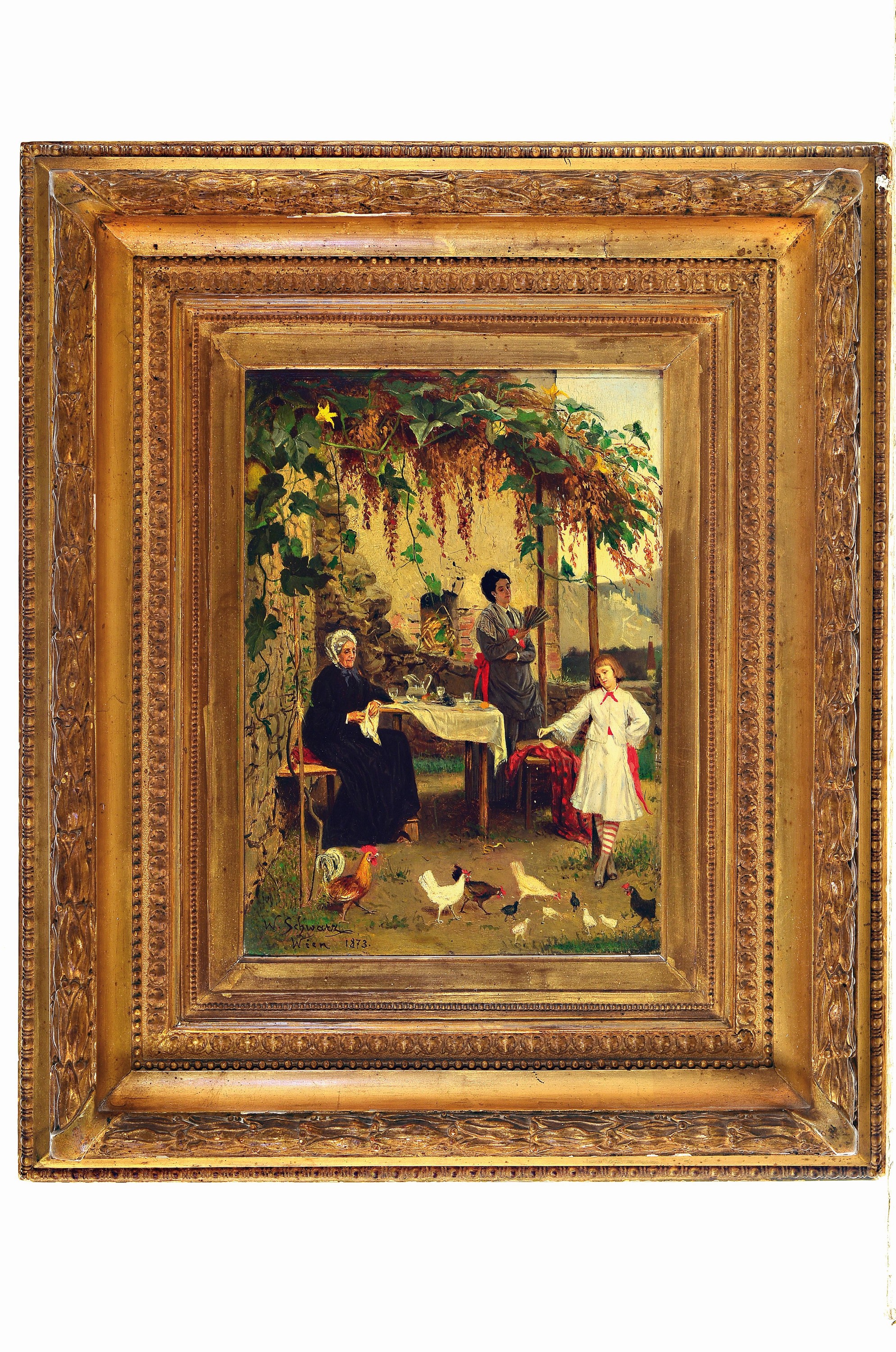 Detail k: Franz Wenzel Schwarz, 1842 Spittelgrund-1919 Dresden, Familienbildnis, Personengruppe unter sommerlicher Kürbislaube, Bezugnahme auf die Vita des ...