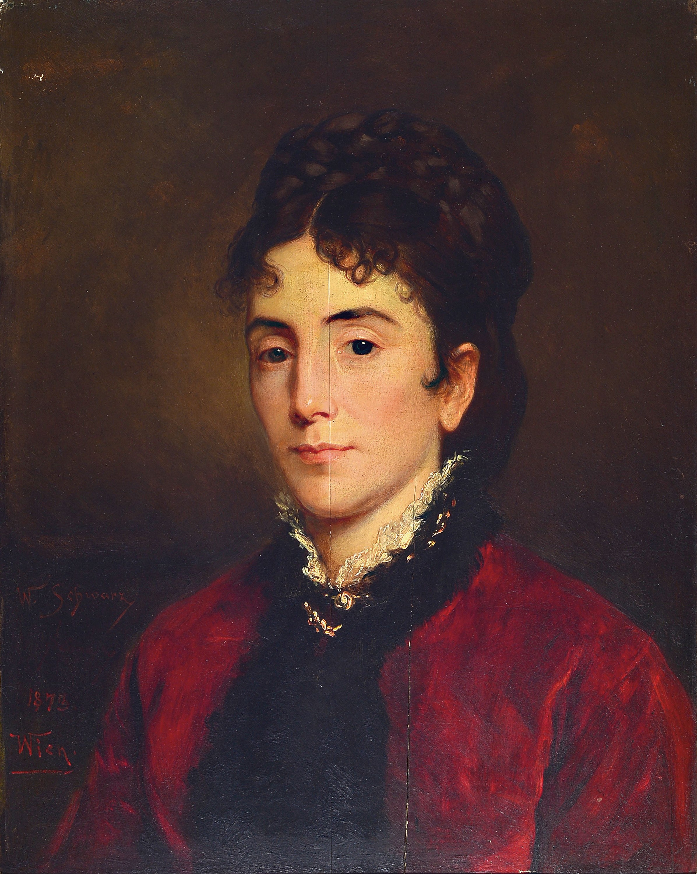 Franz Wenzel Schwarz, 1842 Spittelgrund-1919 Dresden, Damenporträt in purpurfarbenem Kleid und Spitzenkragen, signiert, datiert 1873 und bezeichnet ...