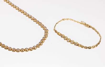 Image 18 kt gold diamond jewelry set , YG/WG 750/ 000, comprised of: necklace and bracelet, 30 ...