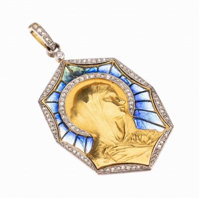 Image 18 kt gold pendant with diamonds and enamel, Madonna, France approx. 1900s , signed ...