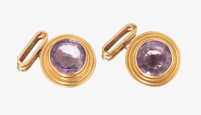 Image Pair of 14 kt gold amethyst cufflinks , YG 585/000, 2 round bevelled amethysts total ...