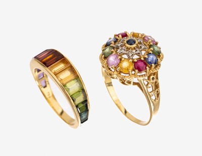 Image Lot 2 18 kt gold coloured stone-rings , YG 750/000, 1 x rain bow colours, with ...