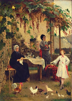Image 26786771 - Franz Wenzel Schwarz, 1842 Spittelgrund-1919 Dresden, family portrait, group of people under a summer pumpkin arbor, reference to thevita of the prophet Jonah: piety motif, interpretation of women as the three ages of life, oil/wood, signed, dated 1873 and inscribed Vienna, 35x25 cm , wide magnificent frame 61x51 cm; from a private collection, acquired from an estate in Mainz in 1979; Wenzel-Schwarz studied at the academy in Dresden and received the silver medal there, followed by studying at the academies in Antwerp and Vienna under Anselm Feuerbach, creating numerous works for churches (including stained glass)