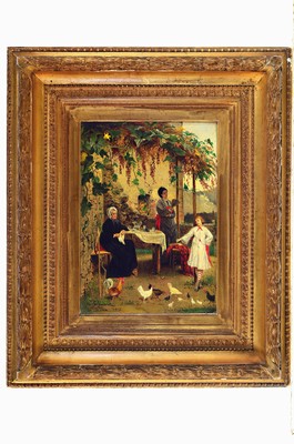 26786771k - Franz Wenzel Schwarz, 1842 Spittelgrund-1919 Dresden, family portrait, group of people under a summer pumpkin arbor, reference to thevita of the prophet Jonah: piety motif, interpretation of women as the three ages of life, oil/wood, signed, dated 1873 and inscribed Vienna, 35x25 cm , wide magnificent frame 61x51 cm; from a private collection, acquired from an estate in Mainz in 1979; Wenzel-Schwarz studied at the academy in Dresden and received the silver medal there, followed by studying at the academies in Antwerp and Vienna under Anselm Feuerbach, creating numerous works for churches (including stained glass)