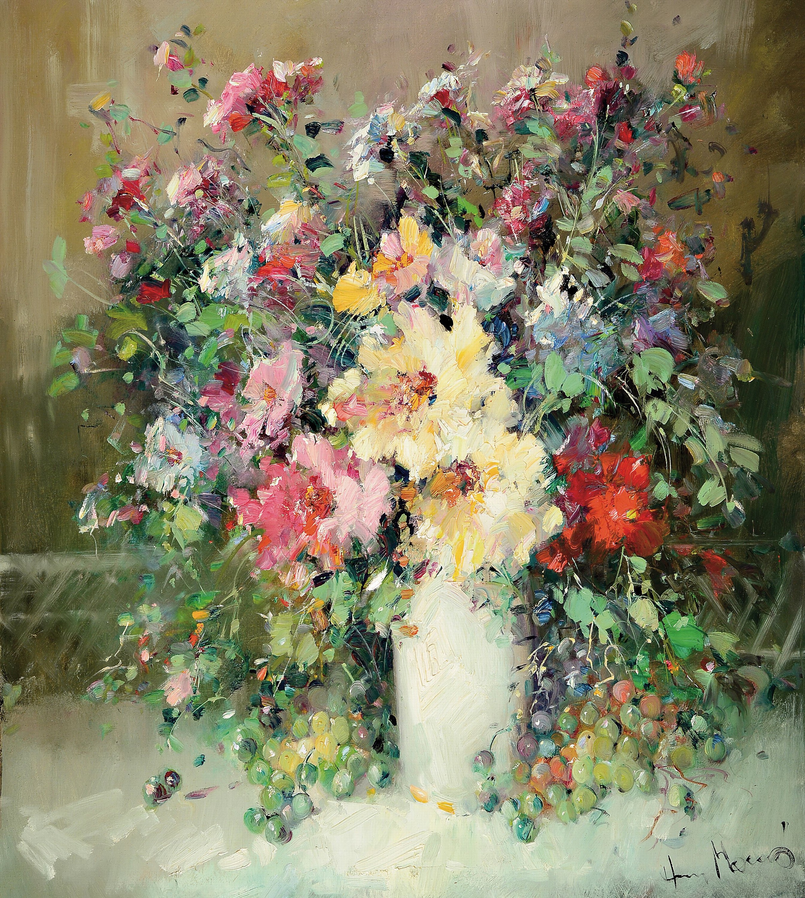Paul Morro (Ingfried Paul Henze-Morro), 1925 Leipzig-2013, Stillleben mit Blumen und Trauben, Öl/Lwd, rechts unten signiert, ca. 90x80cm, R. ca. ...