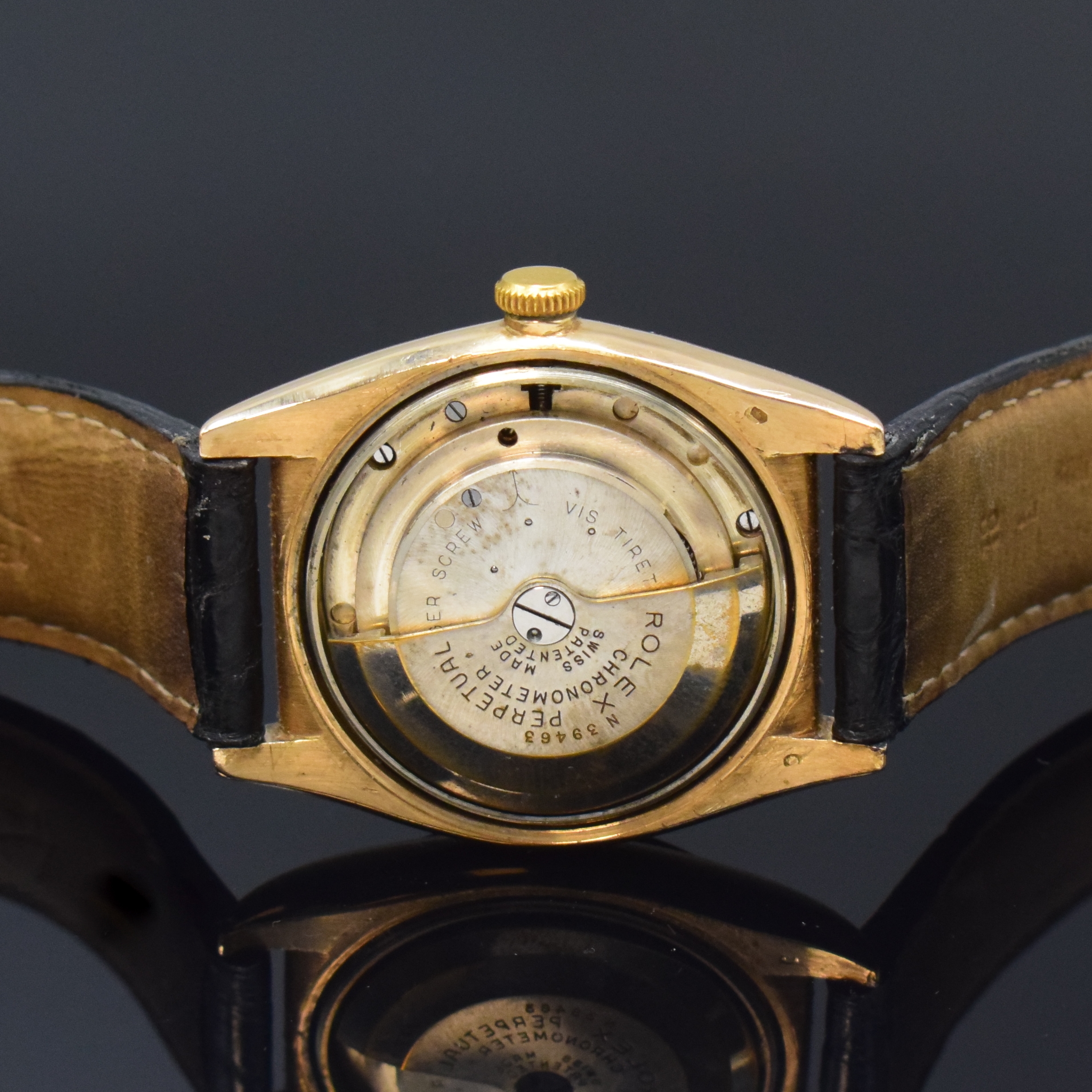 Detail d: ROLEX Bubble Back Chronometer Herrenarmbanduhr in RoseG 585/000 Referenz 3131, Schweiz um 1946, Automatik, verschr. Geh. m. glatter Lünette, ...