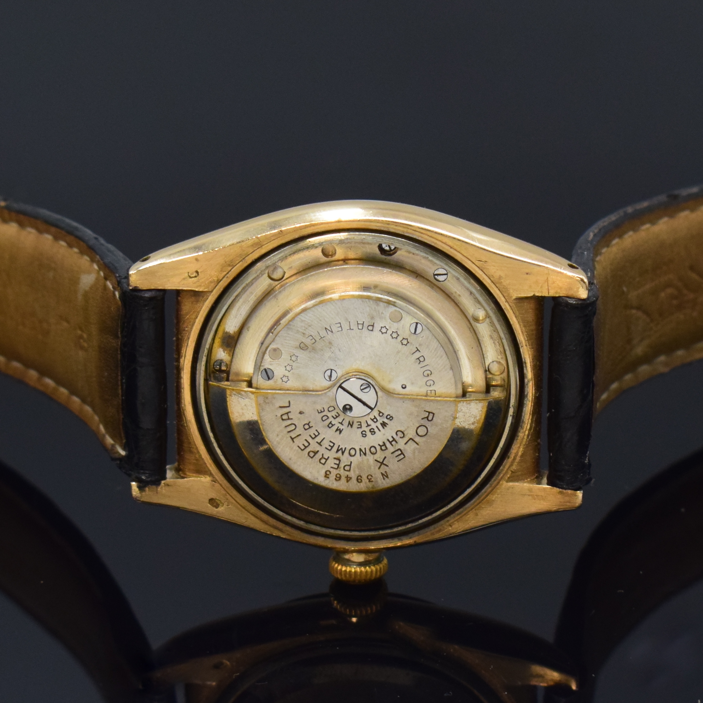 Detail e: ROLEX Bubble Back Chronometer Herrenarmbanduhr in RoseG 585/000 Referenz 3131, Schweiz um 1946, Automatik, verschr. Geh. m. glatter Lünette, ...