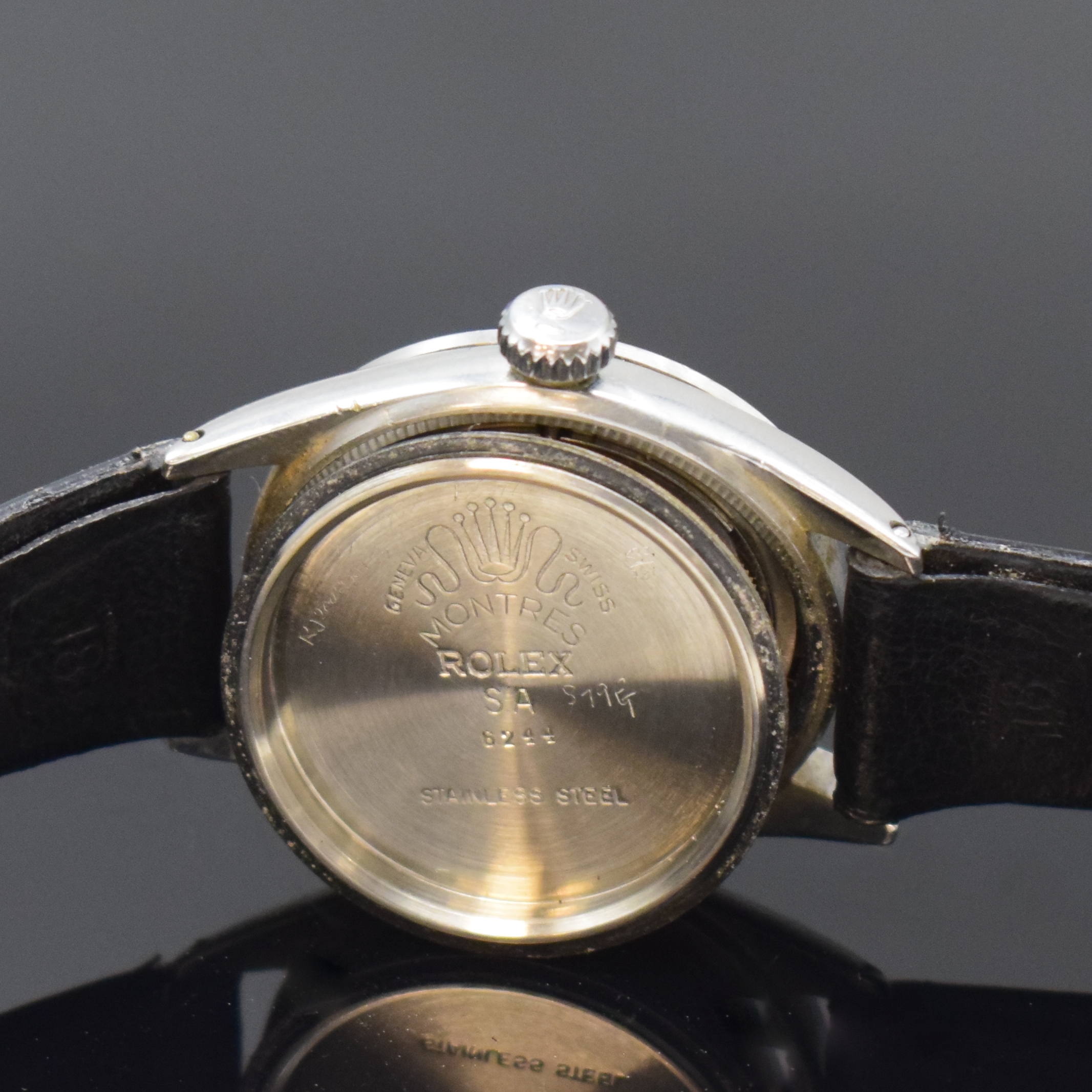 Detail e: ROLEX Herrenarmbanduhr Oyster Precision Referenz 6244, Handaufzug, Schweiz um 1950, Edelstahl, Boden und Krone verschr., ab Herst. wasserd., ...
