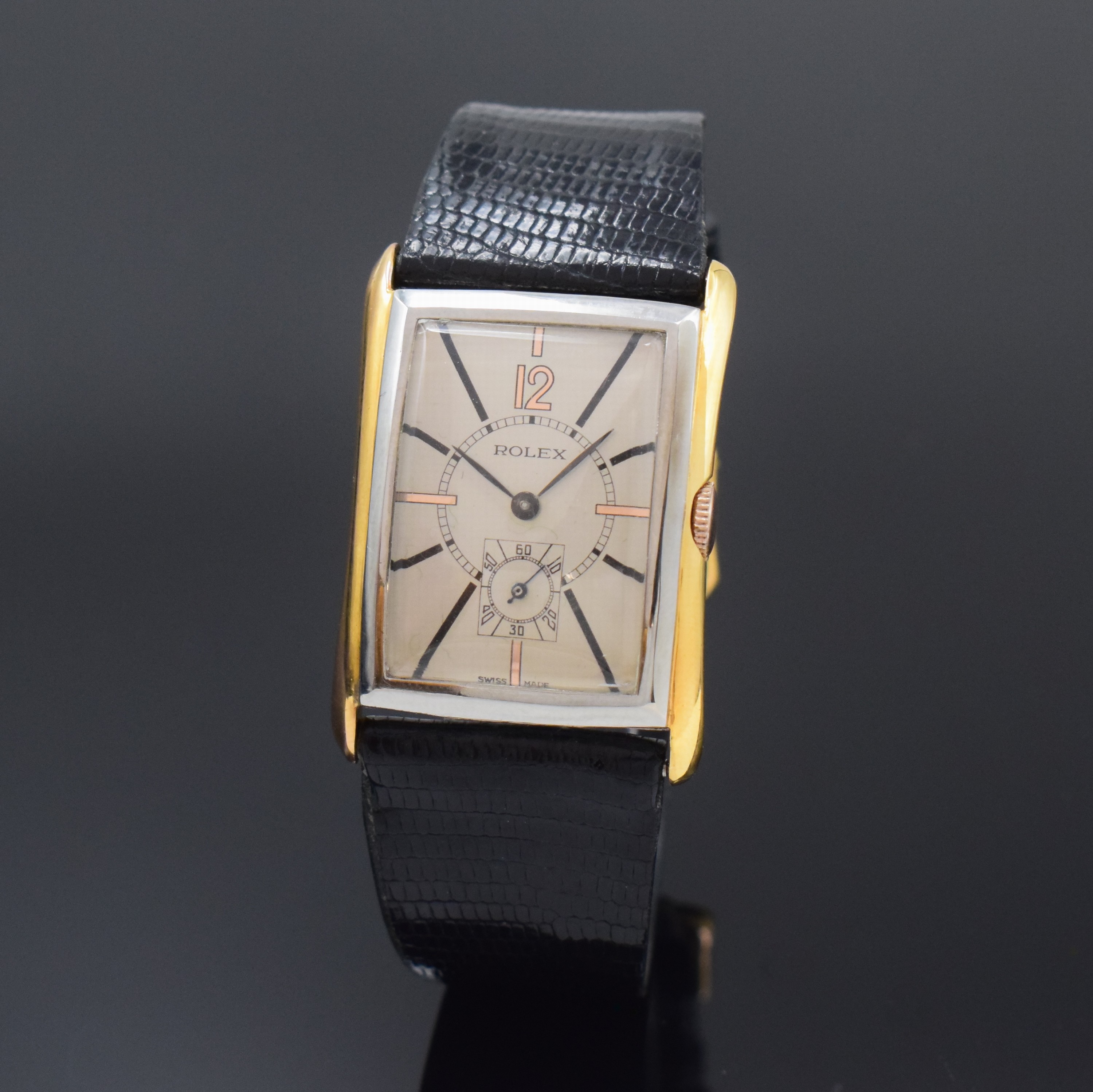 ROLEX seltene, große Herrenarmbanduhr Referenz 2301, Handaufzug, Schweiz 1930er Jahre, Edelstahl/Gold kombiniert , Boden aufgedr., silb. Zifferbl. ...