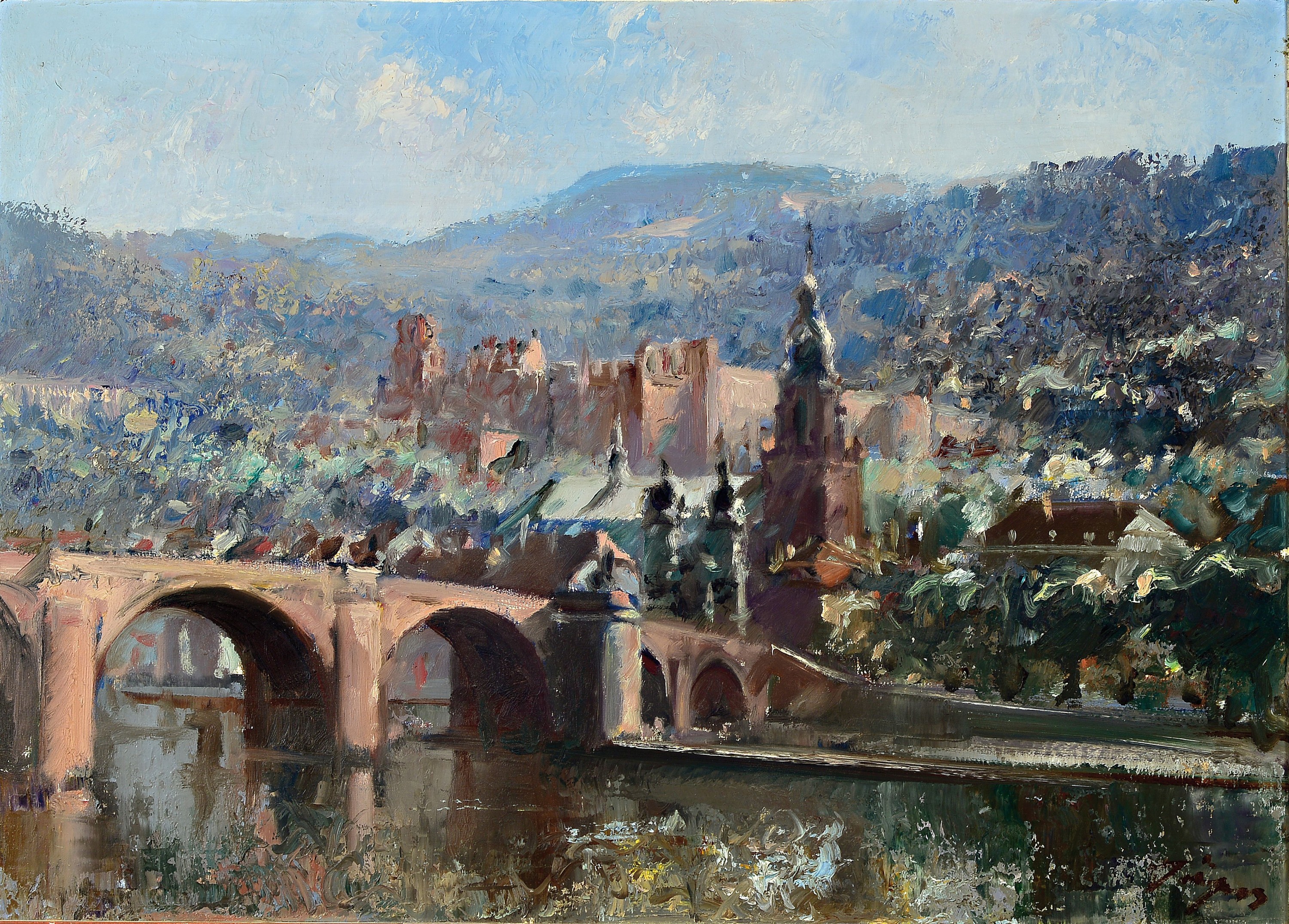 Unbekannter Künstler des 20. Jh., Blick auf Heidelberg, die alte Brücke und das Schloß, Öl/Lwd, rechts unten unleserlich sign., ca. 50x70cm, R. ...