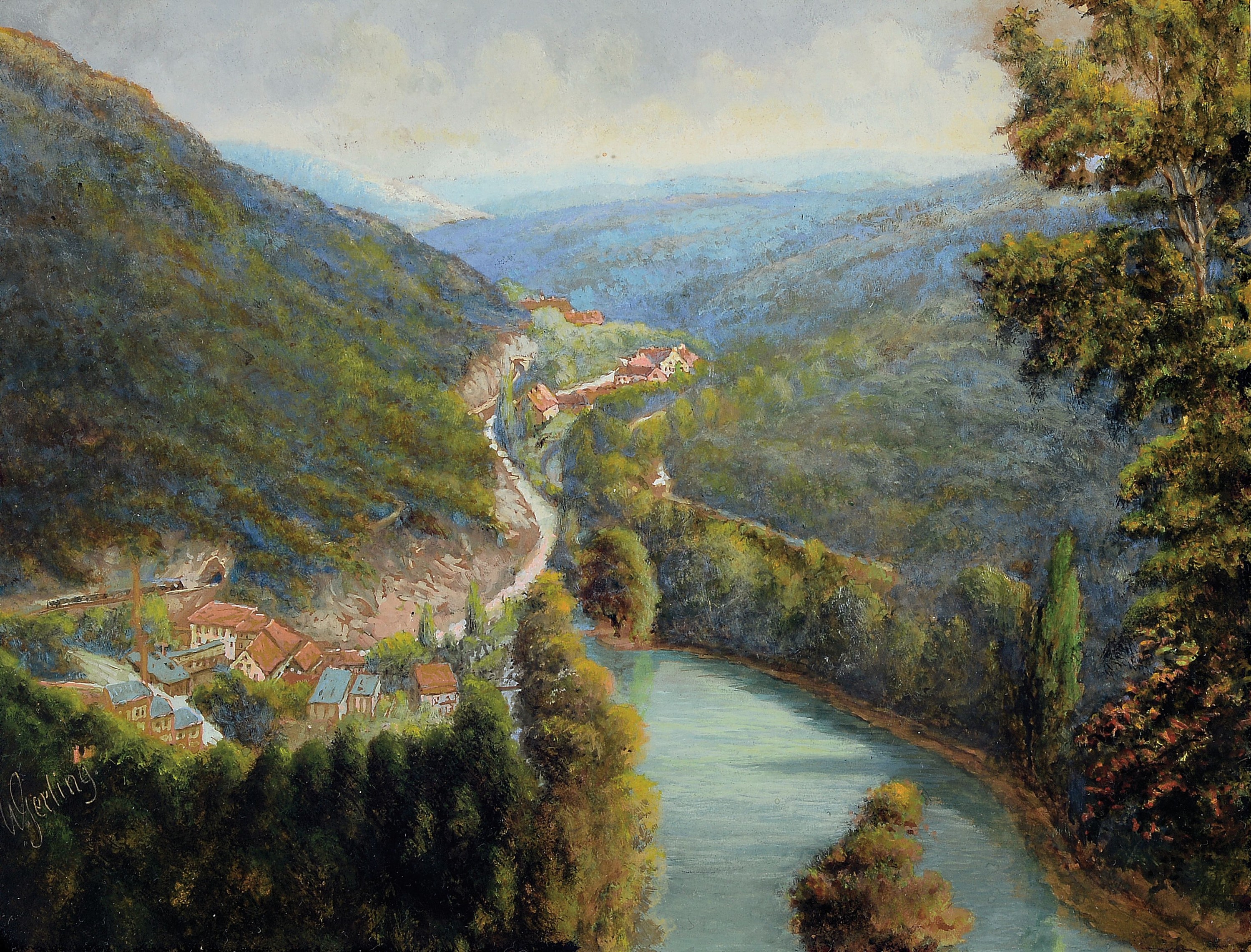 Wilhelm Gerling, 1871 Langenberg-1963 Darmstadt, 2 feine Gouachemalereien auf Papier, 1x Blick ins Neckartal, seitlich links signiert, ca. 22x29cm, ...
