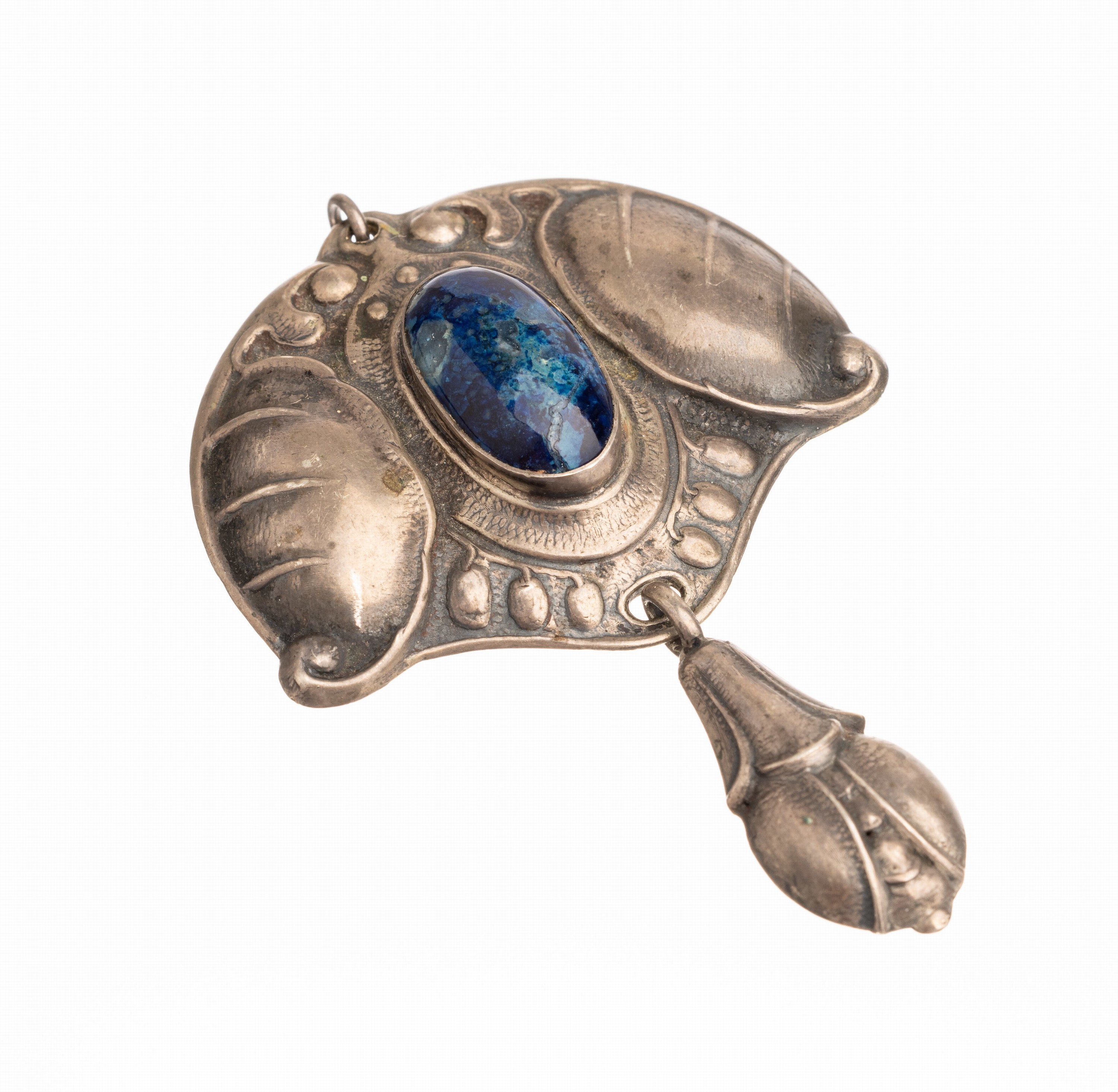 Jugendstil Silber Anhänger/Brosche, deutsch um1910, 800er Silber, blauer ovaler Achatcabochon, bewegl. Abhängung, ca. 7 cm