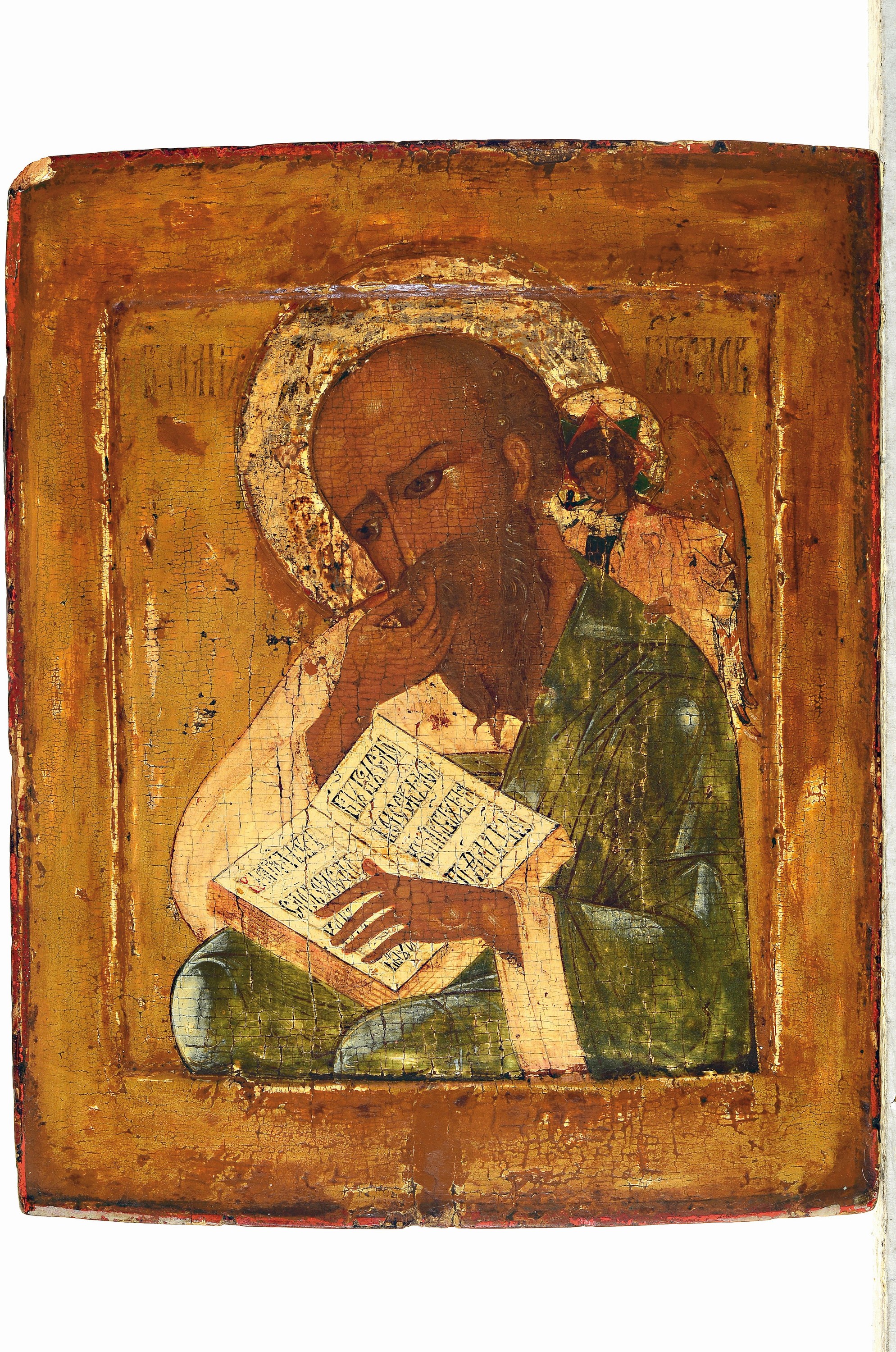 Detail k: Ikone, Zentralrussland, 17. Jh., Hl. Johannes im Schweigen, Dreiviertelfigur, der Heilige den Zeigefinger der Rechten an die Lippen, die linke Hand ...