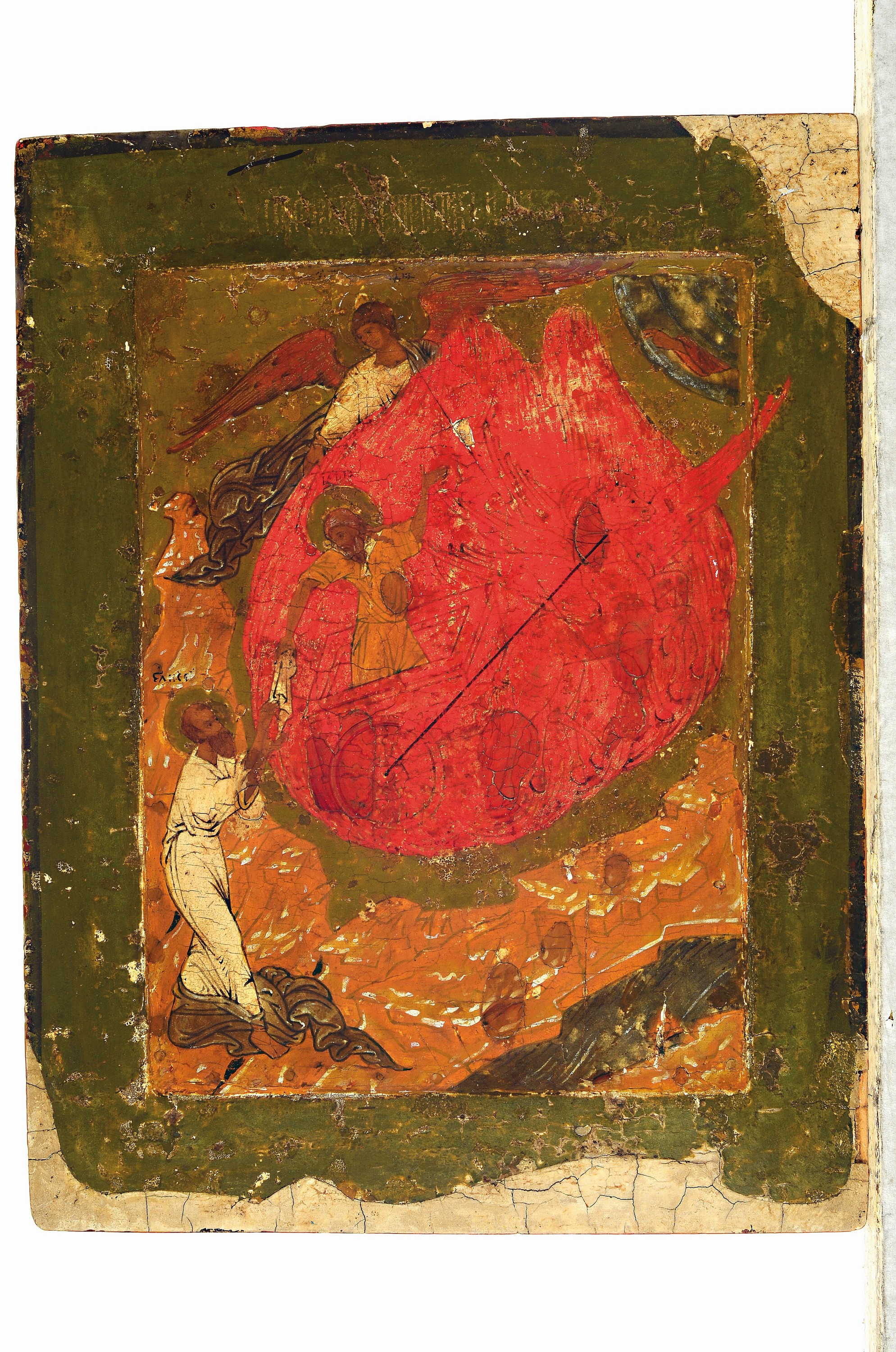 Detail k: Ikone, Nordrussland, Anfang 17. Jh., feurige Himmelfahrt des Propheten Elias, Elias fährt der Feuerwagen in den Himmel und wirft seinen Mantel auf ...