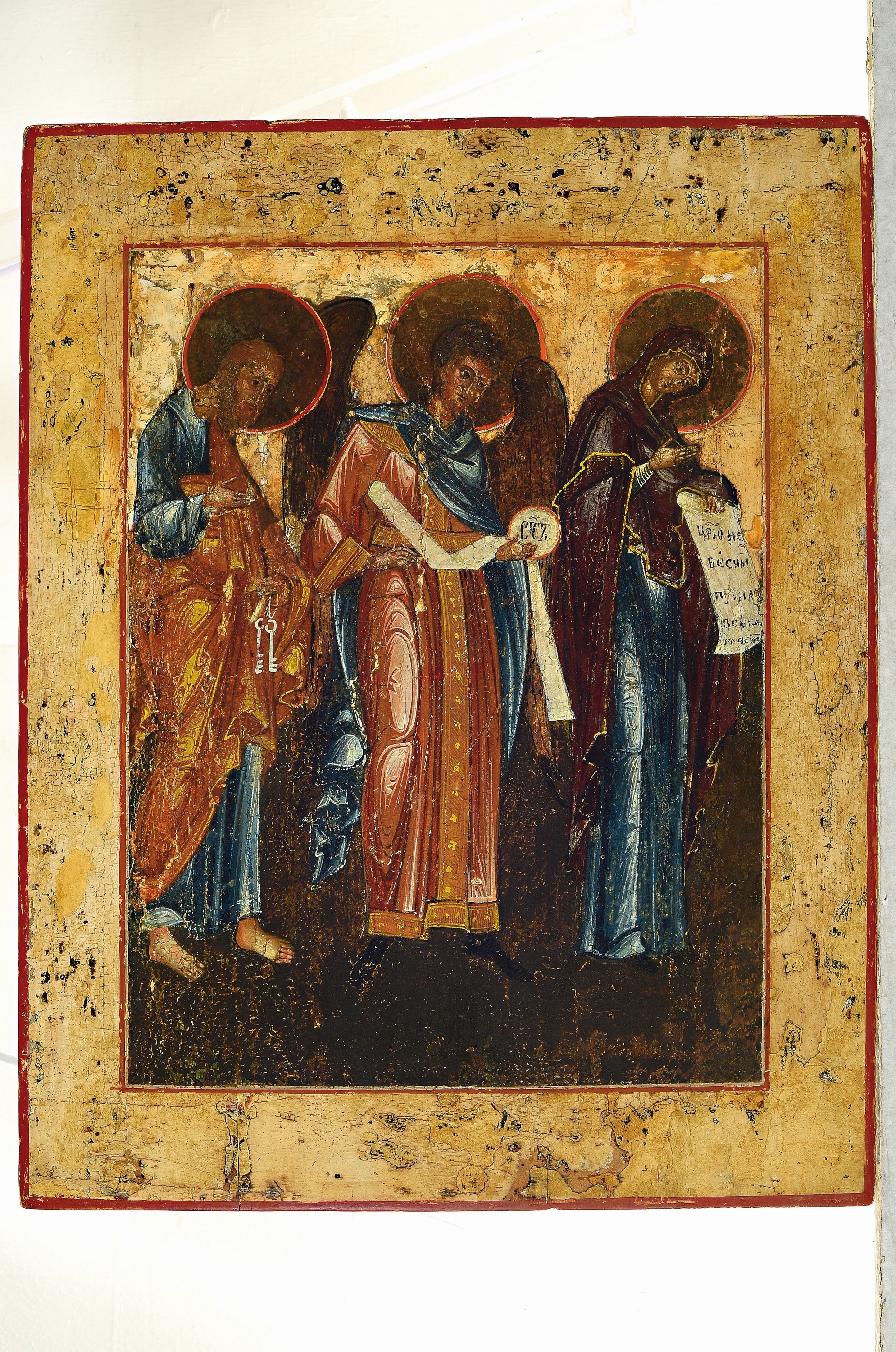 Detail k: Grosse Ikone, Nordrussland, erste Hälfte 19. Jh., Gottesmutter aus der Deesisgruppe mit Erzengel Michael und Apostel Petrus,re. ist die ...