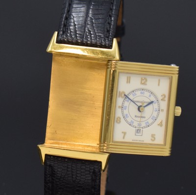 26786819b - Jaeger-LeCoultre Reverso 18k yellow gold wristwatch, Switzerland around 1995, quartz, around 180 degree revolving reverse case, at the sides screwed down, cream colored dial with Arabic numerals, blued steel hands, date at 6, measures approx. 40 x 23 mm, case number as well as reference number not visible anymore, signs of use, condition 2-3