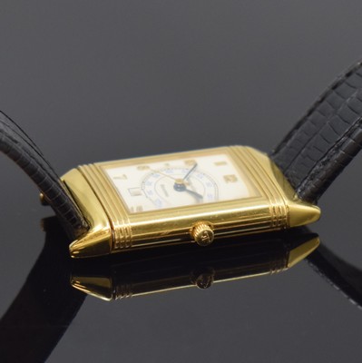 26786819d - Jaeger-LeCoultre Reverso 18k yellow gold wristwatch, Switzerland around 1995, quartz, around 180 degree revolving reverse case, at the sides screwed down, cream colored dial with Arabic numerals, blued steel hands, date at 6, measures approx. 40 x 23 mm, case number as well as reference number not visible anymore, signs of use, condition 2-3