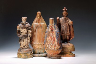 Image Four figures of saints, Iberian, mid-19th century, carved wood, partially colored, two ...