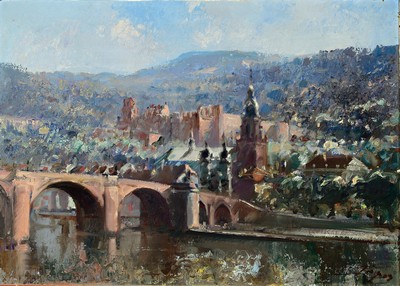 Image Unknown artist of the 20th century, view of Heidelberg, the old bridge and the castle, oil/canvas, illegibly signed lower right. , approx. 50x70cm, frame approx. 63x83cm