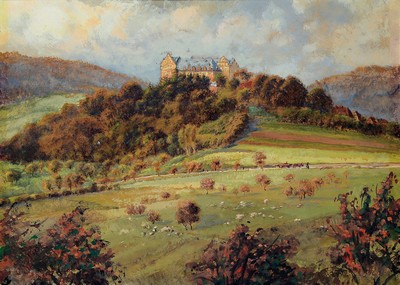 26786838a - Wilhelm Gerling, 1871 Langenberg-1963 Darmstadt, 2 fine gouache paintings on paper, 1x view of the Neckar valley, signed on the left side, approx. 22x29cm, 1x view of a castle, unsigned, approx. 20x28cm, both PP, etc., frame , approx. 32x42cm