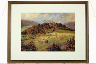 26786838l - Wilhelm Gerling, 1871 Langenberg-1963 Darmstadt, 2 fine gouache paintings on paper, 1x view of the Neckar valley, signed on the left side, approx. 22x29cm, 1x view of a castle, unsigned, approx. 20x28cm, both PP, etc., frame , approx. 32x42cm