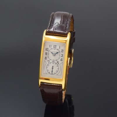 Image 26786853 - GRUEN Duo-Dial rectangular wristwatch 10k yellow gold filled, Switzerland/USA around 1936, rectangulär, measures approx. 43 x 21 mm, snap on curved case back, silver coloured dial restored, blued steel hands, legendary lever movement, calibre 877S, with bimetallic compensation-balance, blued Breguet- hairspring, escapement lateral, 15 jewels, overhaul recommended at buyer's expense, condition 2-3, property of a collector