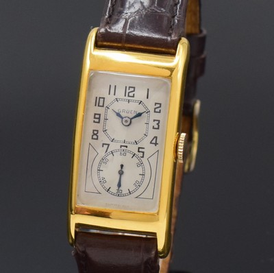 26786853a - GRUEN Duo-Dial rectangular wristwatch 14k yellow gold filled, Switzerland/USA around 1936, rectangulär, measures approx. 43 x 21 mm, snap on curved case back, silver coloured dial restored, blued steel hands, legendary lever movement, calibre 877S, with bimetallic compensation-balance, blued Breguet- hairspring, escapement lateral, 15 jewels, overhaul recommended at buyer's expense, condition 2-3, property of a collector