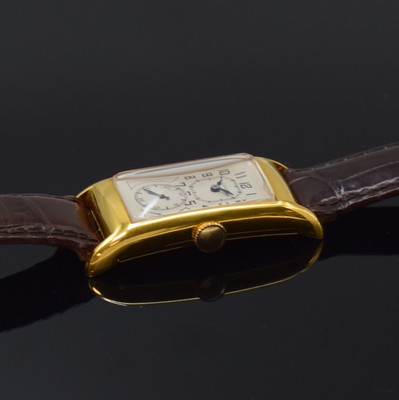 26786853b - GRUEN Duo-Dial rectangular wristwatch 14k yellow gold filled, Switzerland/USA around 1936, rectangulär, measures approx. 43 x 21 mm, snap on curved case back, silver coloured dial restored, blued steel hands, legendary lever movement, calibre 877S, with bimetallic compensation-balance, blued Breguet- hairspring, escapement lateral, 15 jewels, overhaul recommended at buyer's expense, condition 2-3, property of a collector