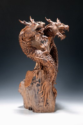 Image 26786861 - Large art carving, probably Asia, 20th century, two dragons on a tree trunk, carved wood, glass eyes, high-quality work, height 49cm