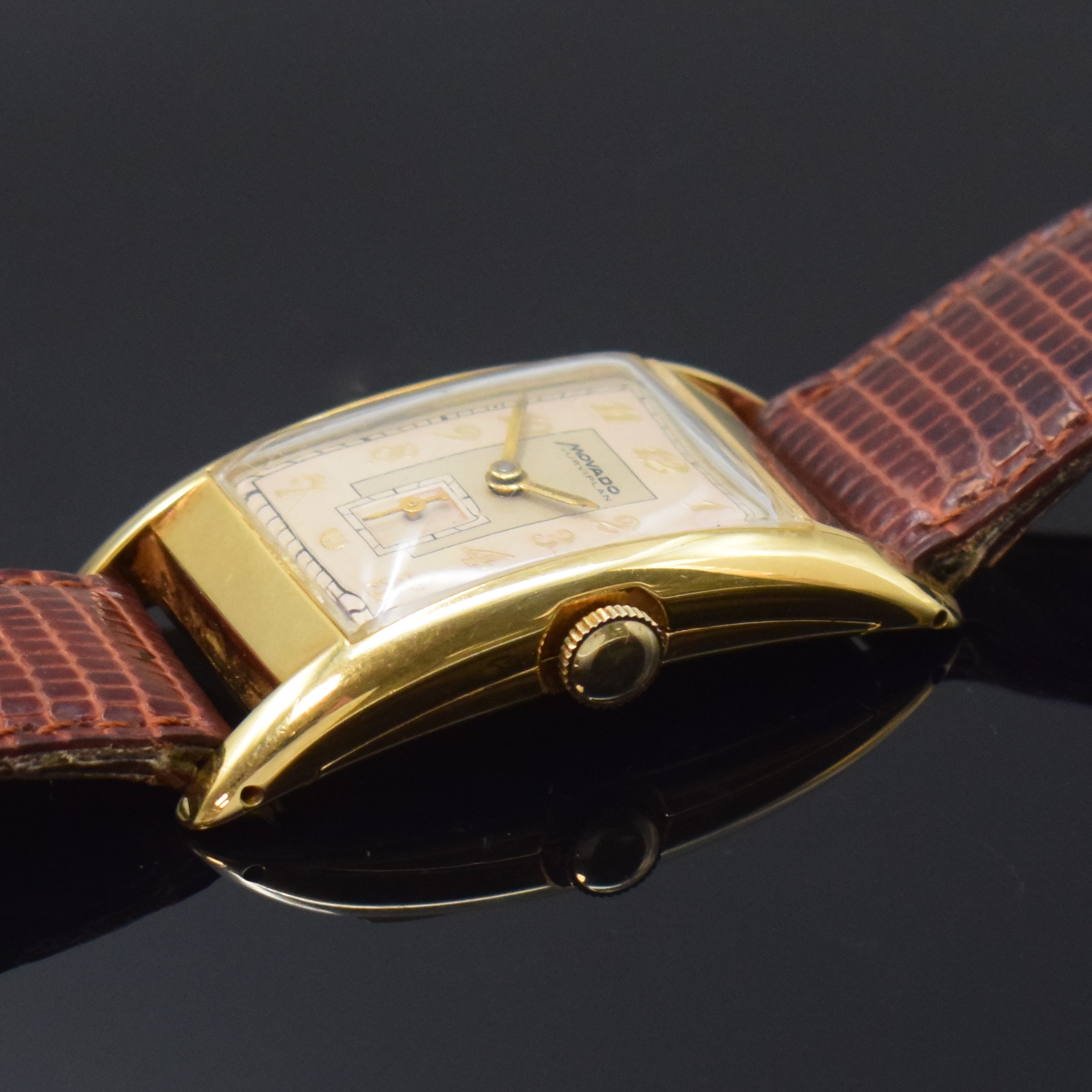 Detail c: MOVADO seltene Herrenarmbanduhr Curviplan in GG 585/000 Referenz 41804, Handaufzug, Schweiz um 1945, 2-teil., gew. Scharniergeh. (Stift zu ers.), ...