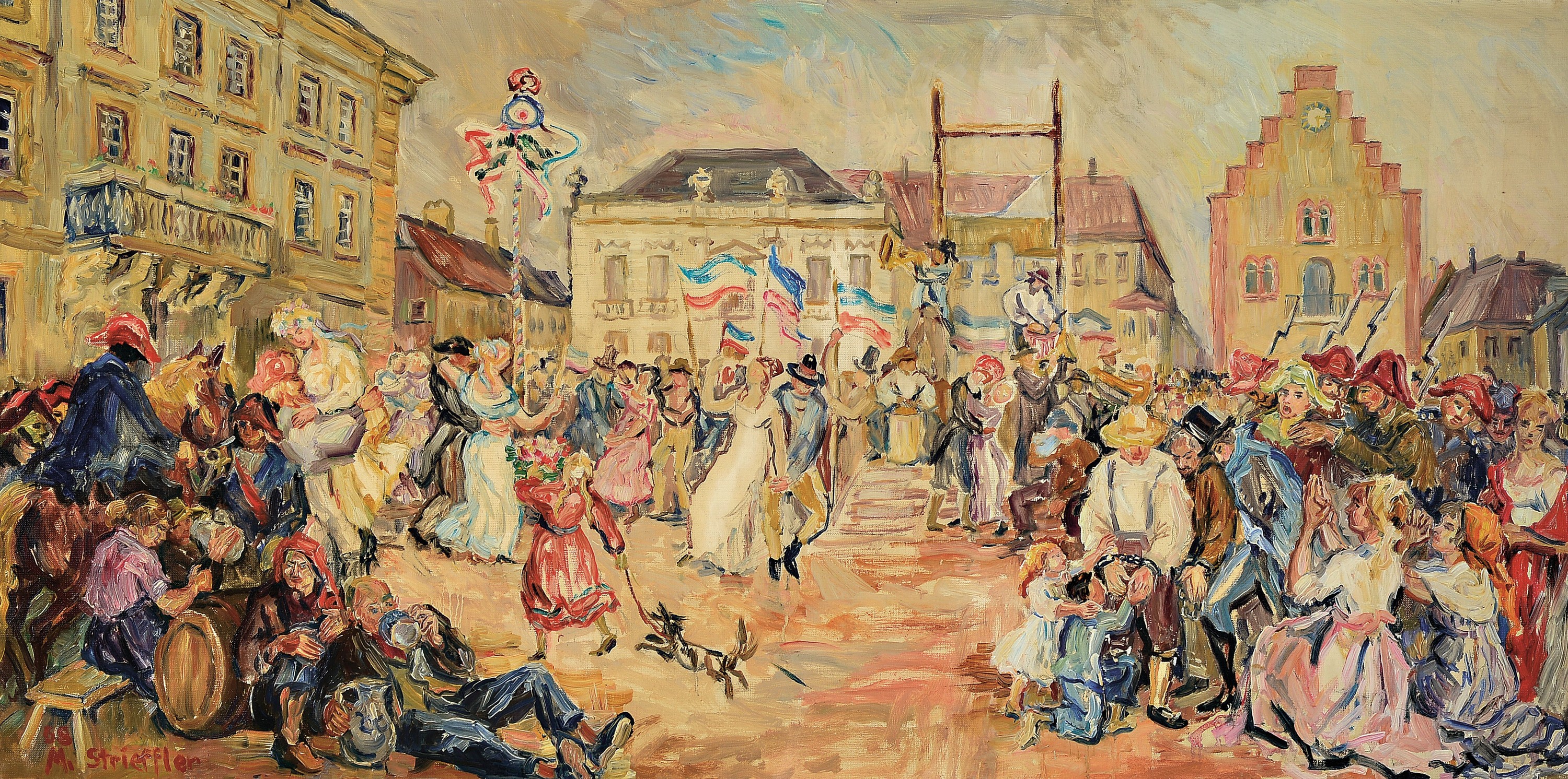 Marie Strieffler, 1917-1987 Landau, Die Guillotine auf dem Landauer Marktplatz, Öl/Lwd, links unten signiert und dat. 68, ca. 60x120cm, R. ca. ...