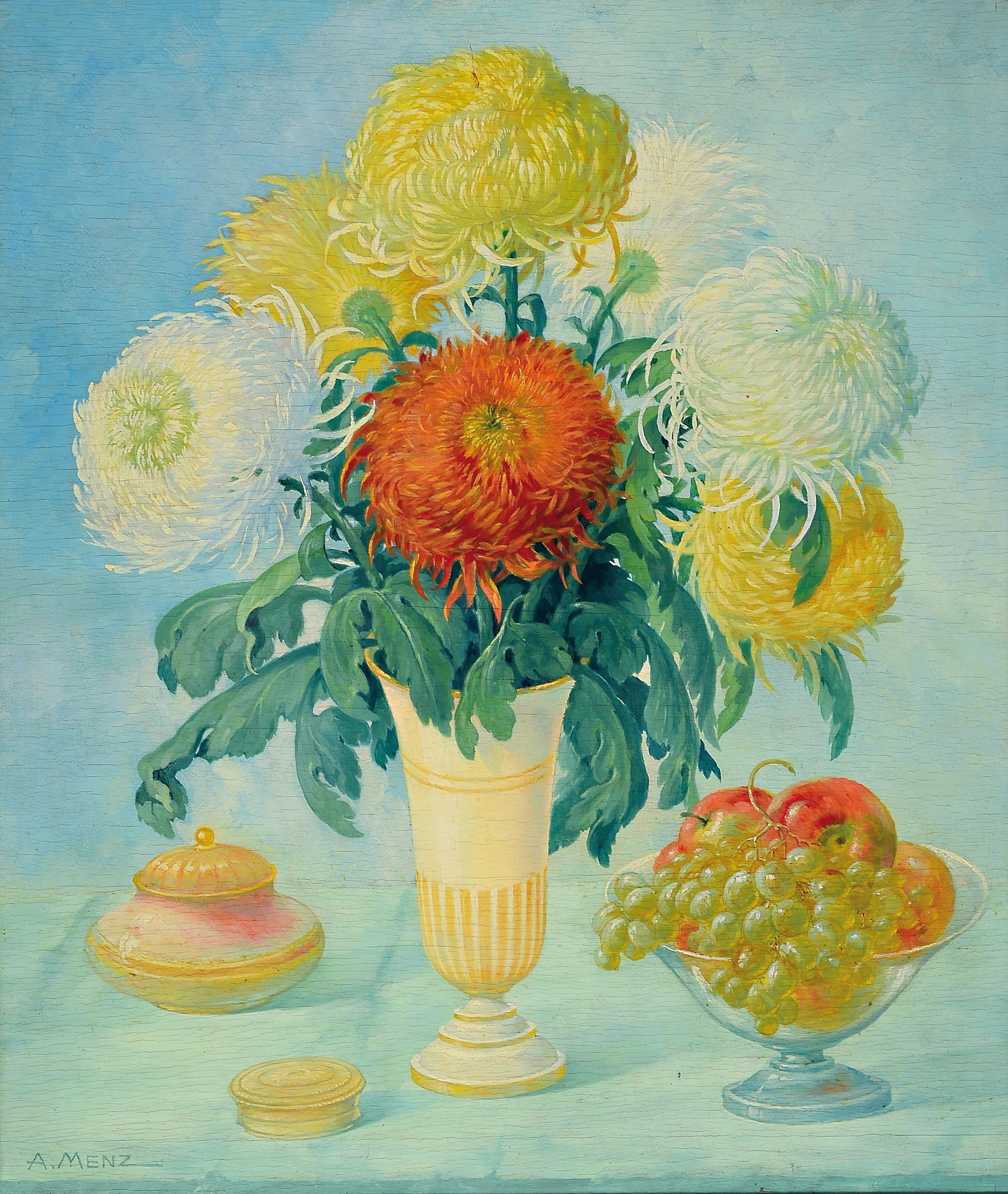 A. Menz, Maler der 1. Hälfte des 20. Jh., Stillleben mit Chrysanthemen, Deckeldosen und Obstschale, Öl/Holz, links unten signiert, ca. 68x58cm, R. ...