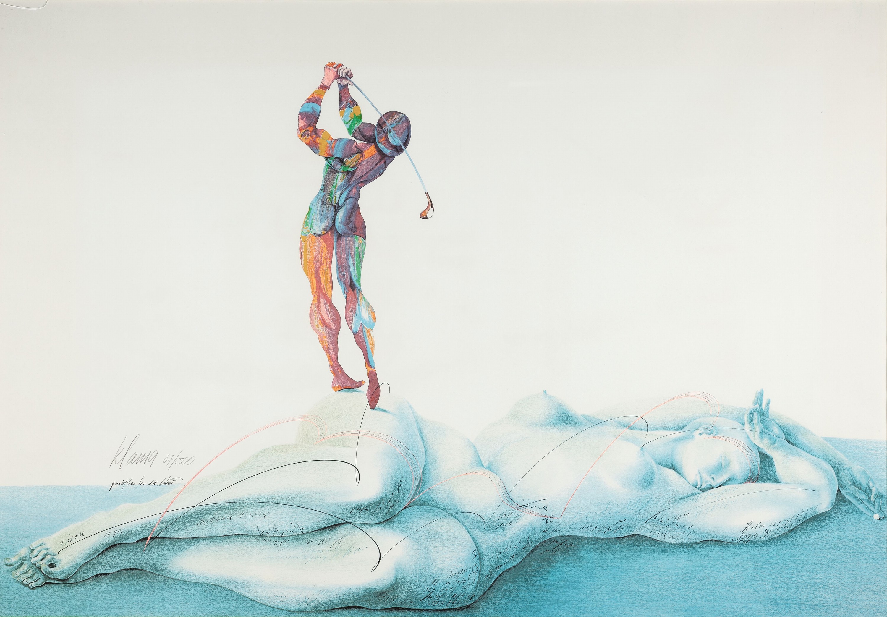 Dieter Klama, 1935-2021, Farboffset, Golfer auf liegendem Akt, handsigniert und num. 67/300, ca. 70x100cm, u.Gl., R., Glass Kaputt