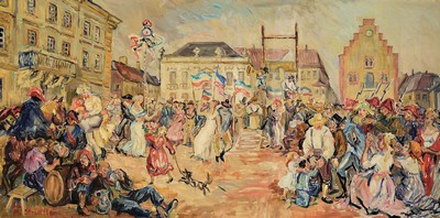Image Marie Strieffler, 1917-1987 Landau, The guillotine on the Landau market square, oil/canvas, signed lower left and dated 68, approx. 60x120cm,frame approx. 72x133cm