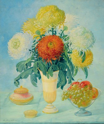 Image A. Menz, painter of the 1st half of the 20th century, still life with chrysanthemums, lidded boxes and fruit bowl, oil/wood, signed lower left, approx. 68x58cm, frame approx. 84x72cm