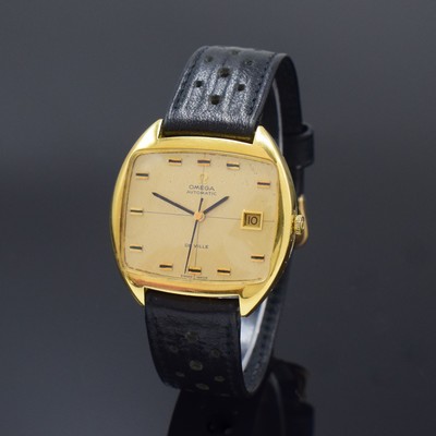 Image 26786920 - OMEGA De Ville 18k yellow gold gents wristwatch reference 162047, Switzerland around 1970, self winding, two-piece construction case including original leather strap with original 9k yellow gold buckle, snap on case back, gilded structured dial with applied hour-indices, black hands, copper coloured movement calibre 1001 with precision adjustment, 20 jewels, adjusted in 5 positions, measures approx. 36 x 31 mm, condition 2-3, property of a collector