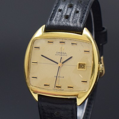 26786920a - OMEGA De Ville 18k yellow gold gents wristwatch reference 162047, Switzerland around 1970, self winding, two-piece construction case including original leather strap with original 9k yellow gold buckle, snap on case back, gilded structured dial with applied hour-indices, black hands, copper coloured movement calibre 1001 with precision adjustment, 20 jewels, adjusted in 5 positions, measures approx. 36 x 31 mm, condition 2-3, property of a collector